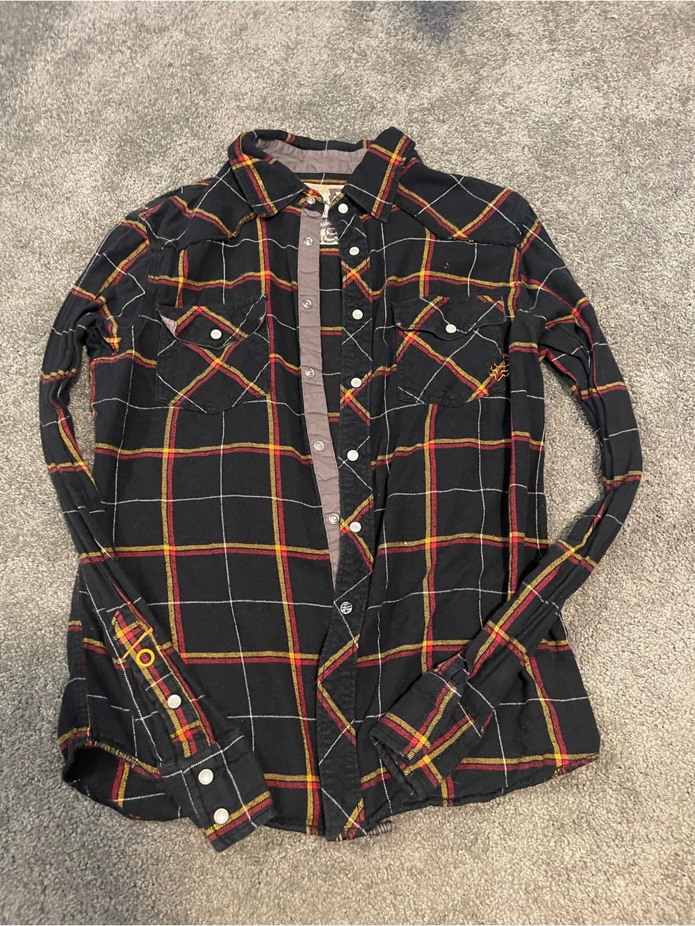 Fox Men's Black Plaid Button-Down Shirt with Red & Yellow Accents